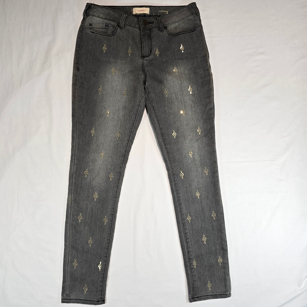 Sundance Primrose Gray Embroidered Sequin Diamond Slim Jeans Womens 28